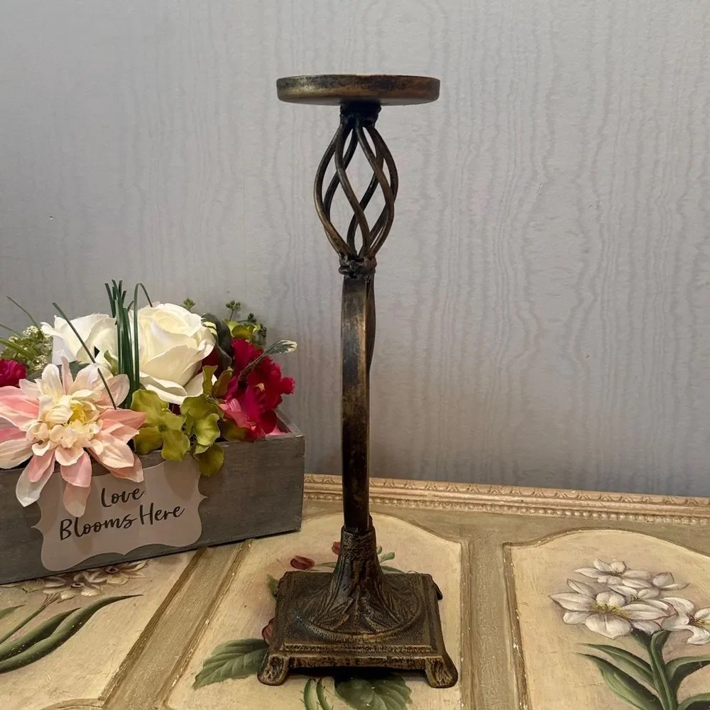 Bird & Leaf Design Brass Tone Finish Metal Candle Holder